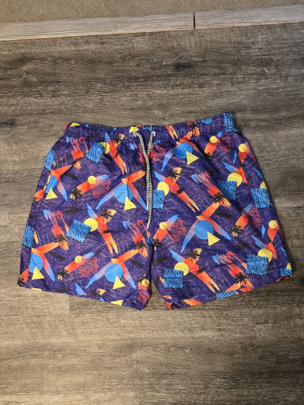 Men's Purple Geo Sunset Swim Trunks with Multicolor Print